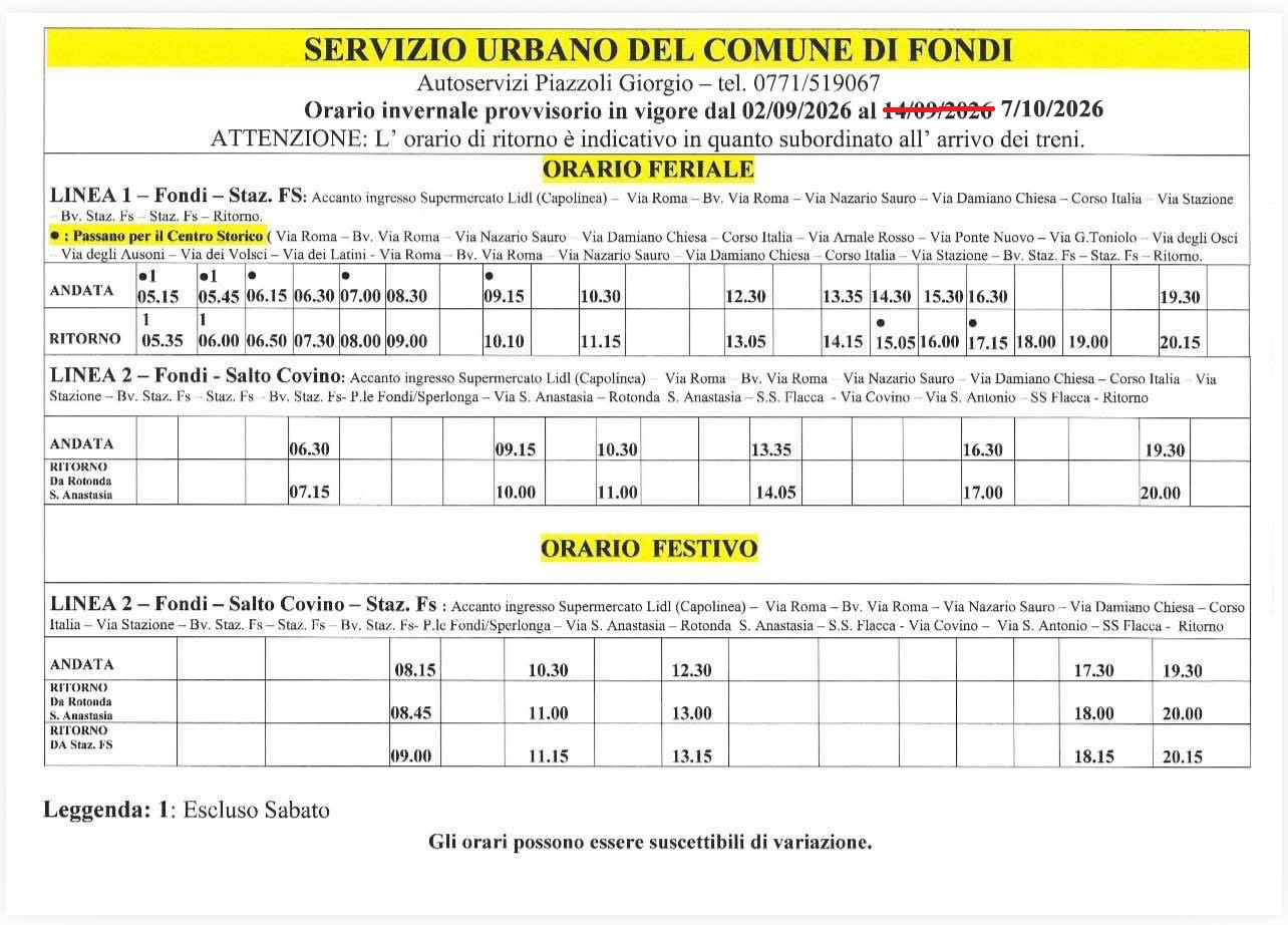 rasporto pubblico Locale, stop del Tar: si torna ai vecchi orari provvisori Il sindaco Vincenzo Carnevale: “Soluzione temporanea per contenere i disagi in concomitanza con l'inizio delle scuole” A seguito della decisione del Tar del Lazio, sezione di Latina, di sospendere cautelativamente l’aggiudicazione del Lotto 11 del trasporto pubblico nel sud pontino disposta da Astral in favore del raggruppamento guidato da Air Campania, si è subito aperta, sin dalle prime ore di ieri mattina, una nuova fase di interlocuzione tra il sindaco di Fondi Vincenzo Carnevale e la ditta Piazzoli che avrebbe dovuto cessare il servizio il 13 settembre 2026. Grazie al grande spirito di collaborazione e al profondo senso di responsabilità che hanno animato il confronto, vista anche l’imminente riapertura delle scuole, è stato possibile prorogare il contratto con la ditta di autotrasporti Piazzoli fino al prossimo 7 ottobre 2026. Dal 14 settembre al 7 ottobre, quindi, gli autobus attualmente in circolazione continueranno ad osservare l’orario provvisorio precedentemente diffuso, che alleghiamo nuovamente alla presente comunicazione, anziché la nuova programmazione condivisa con Astral. «Non è stato semplice – ha spiegato il sindaco di Fondi Vincenzo Carnevale – la sospensiva del Tar in prossimità dell’apertura delle scuole, in una fase di grande cambiamento, ha messo in discussione una programmazione alla quale avevamo lavorato a lungo. Grazie al grande clima di collaborazione pubblico-privato e al costante confronto tra Enti siamo tuttavia riusciti a raggiungere un accordo soddisfacente che, in questa fase di incertezza, conterrà i disagi di studenti e lavoratori pendolari. Non posso che ringraziare la ditta Piazzoli per la grande disponibilità che ha consentito di ripristinare, in poche ore, un servizio che rischiava di rimanere completamente al palo. Resta l’impegno, anche in relazione al prosieguo di una situazione in itinere di cui, al momento, non possiamo prevedere gli sviluppi, di incrementare il numero di corse sulla falsariga di quanto comunicato nei giorni scorsi».